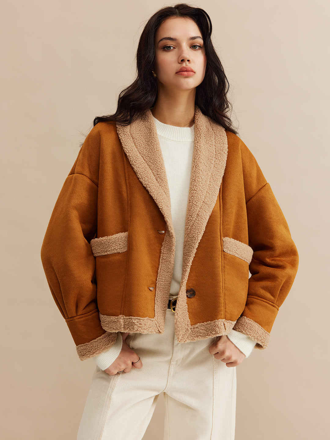 Core Line Camel Contrast Jacket | Fold Collar | Soft Textured Finish