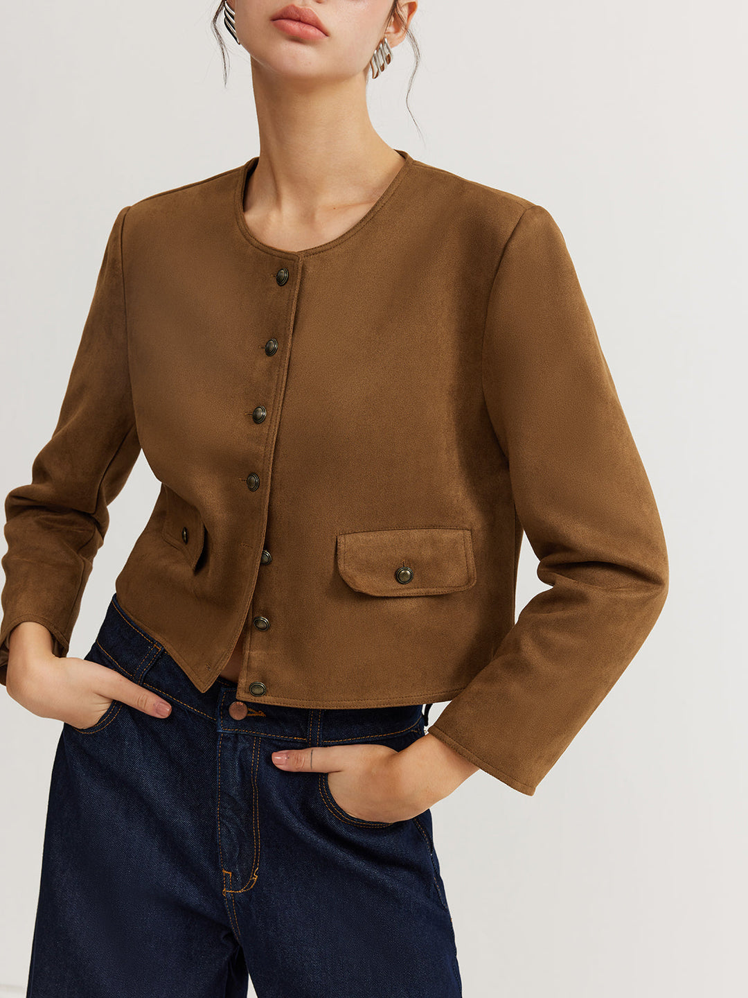 Core Line Cropped Button Jacket | Minimalist Silhouette | Round Neck