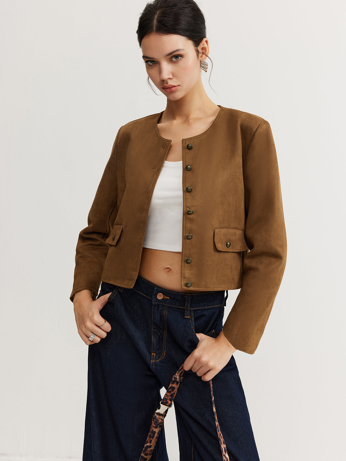 Core Line Cropped Button Jacket | Minimalist Silhouette | Round Neck