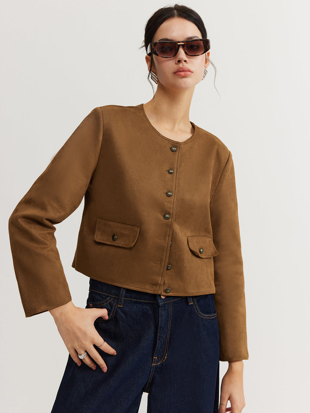 Core Line Cropped Button Jacket | Minimalist Silhouette | Round Neck