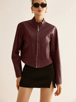 Load image into Gallery viewer, Cropped Faux Leather Jacket | Stand Collar | Minimalist Design