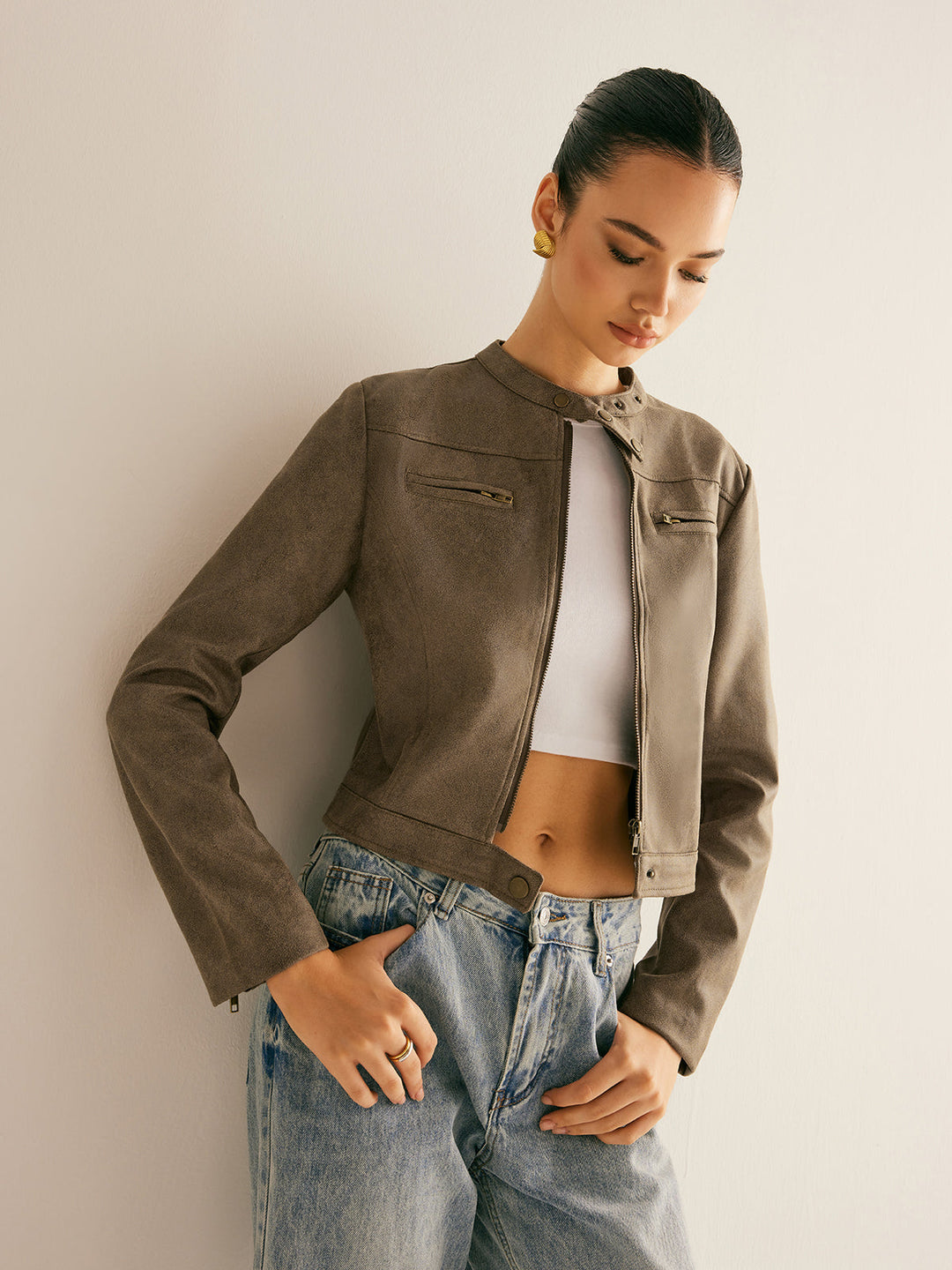 Cropped Suede-Effect Jacket | Minimalist Moto Style