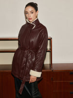 Load image into Gallery viewer, Forma Faux Leather Aviator Coat | Shearling Lining | Belted Waist