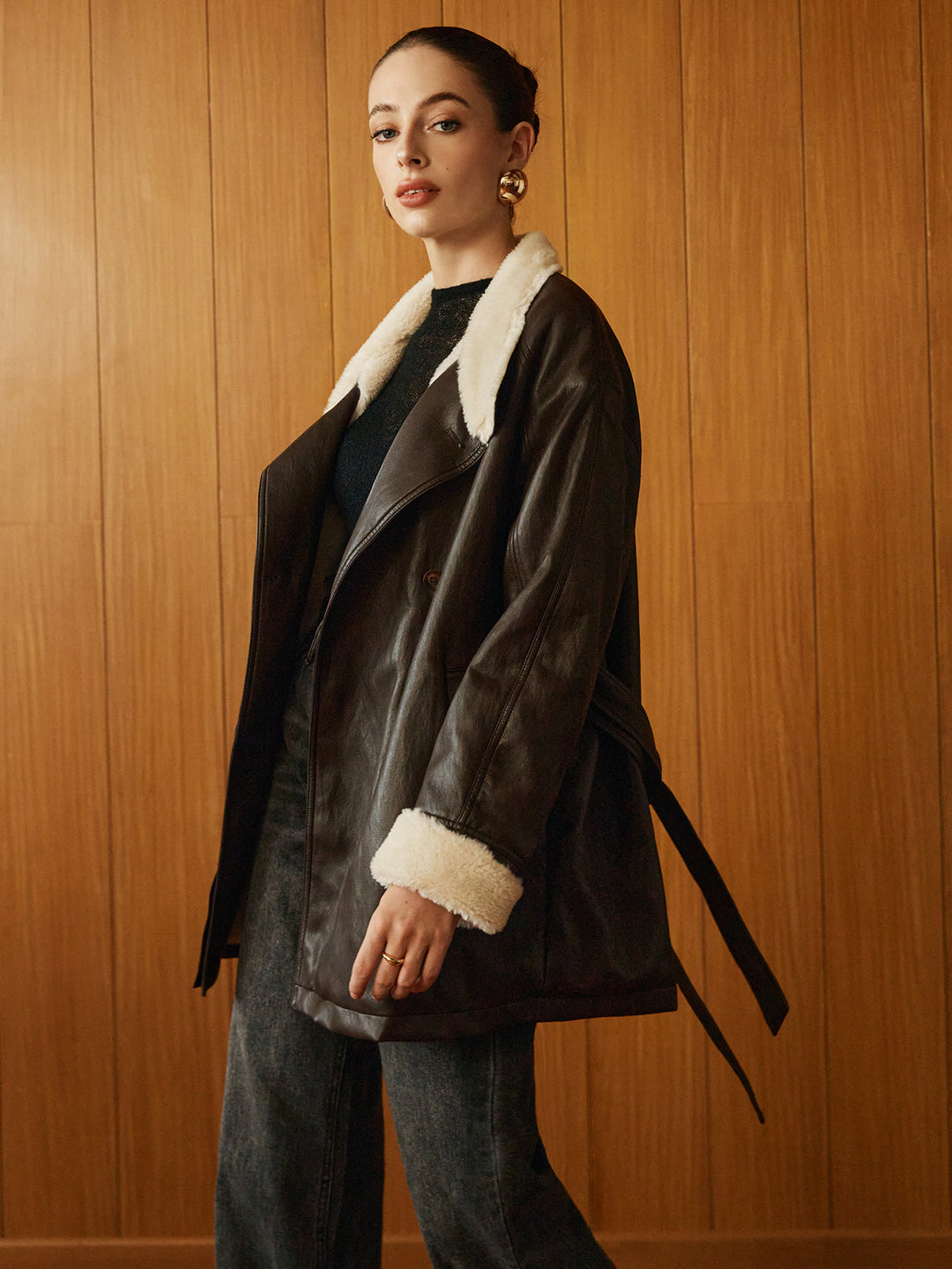 Forma Faux Leather Aviator Coat | Shearling Lining | Belted Waist