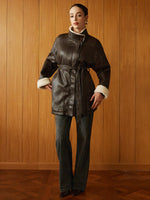 Load image into Gallery viewer, Forma Faux Leather Aviator Coat | Shearling Lining | Belted Waist