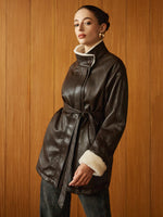 Load image into Gallery viewer, Forma Faux Leather Aviator Coat | Shearling Lining | Belted Waist