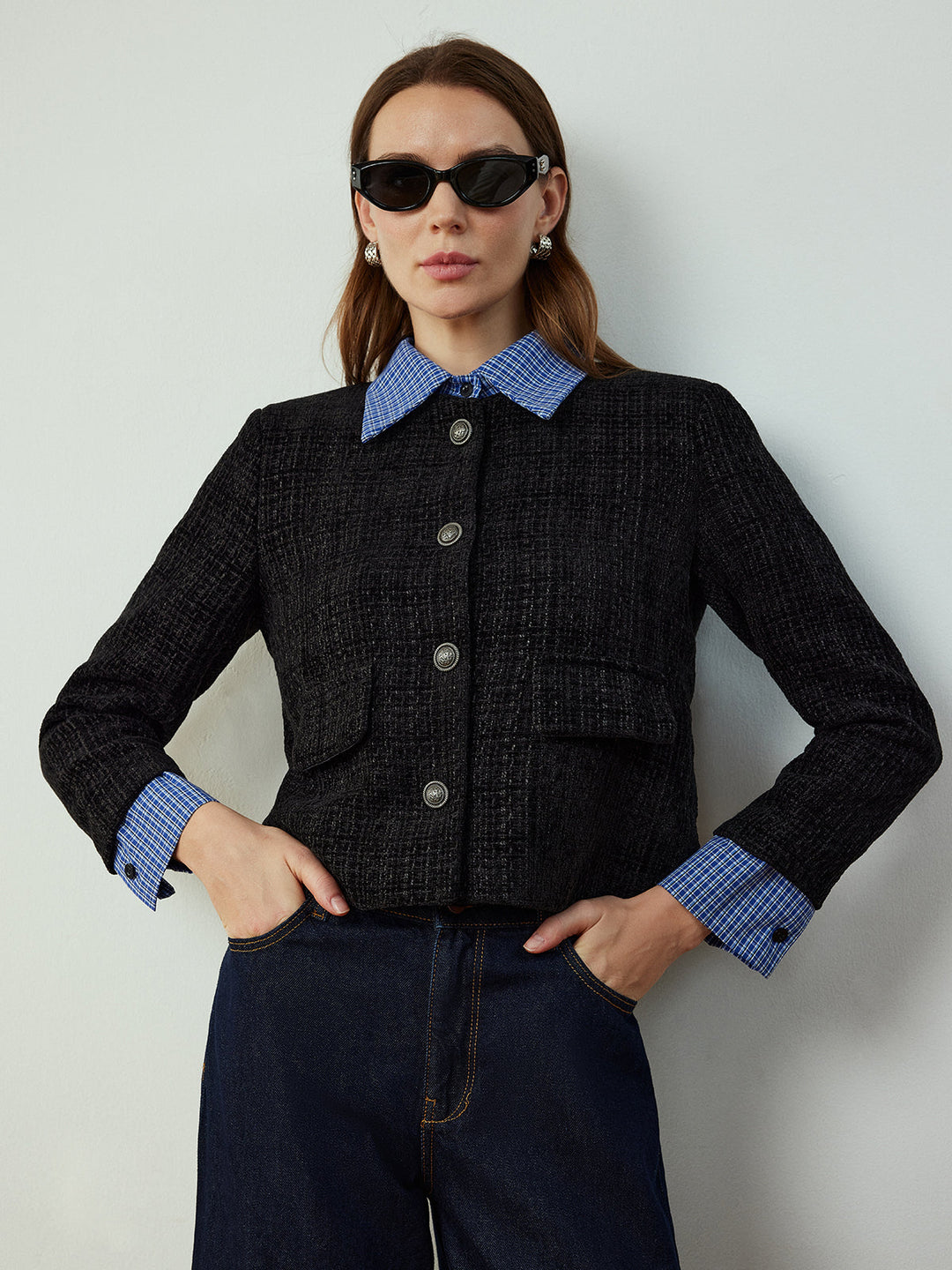 Short Tweed Jacket | Contrast Collar | Classic Silhouette