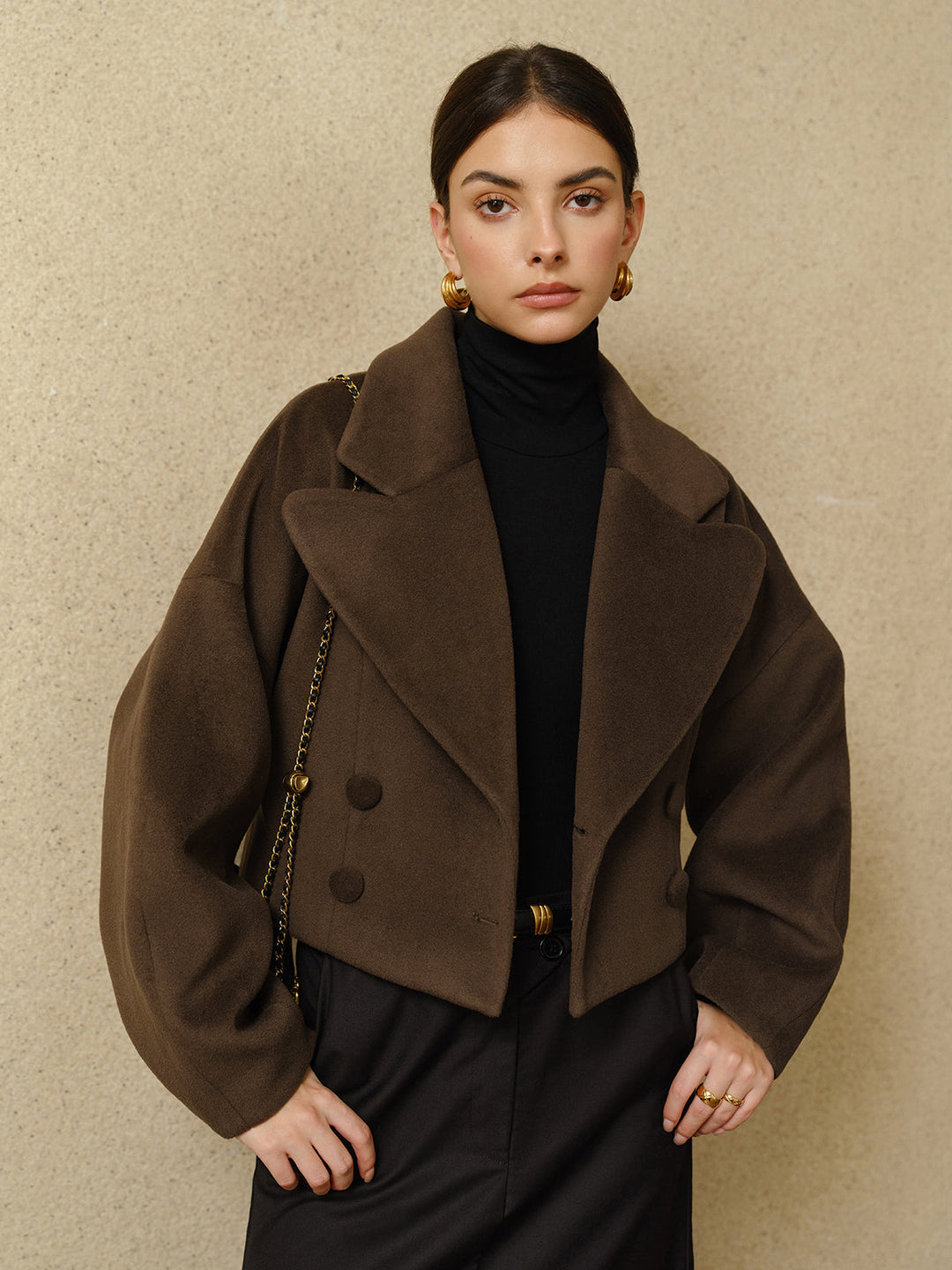 Forma Wool Blend Cropped Coat | Oversized Lapel | Sculpted Silhouette