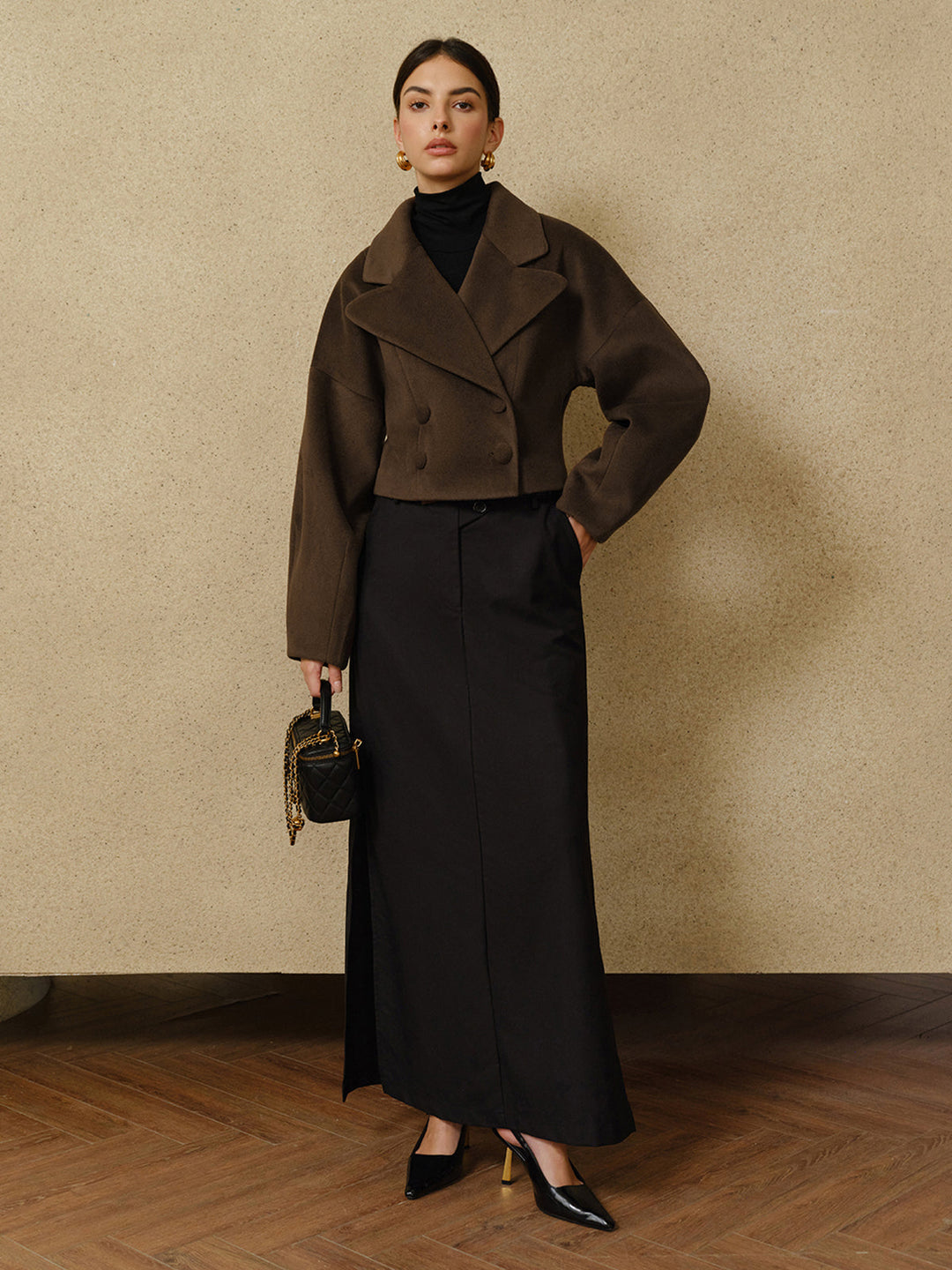 Forma Wool Blend Cropped Coat | Oversized Lapel | Sculpted Silhouette
