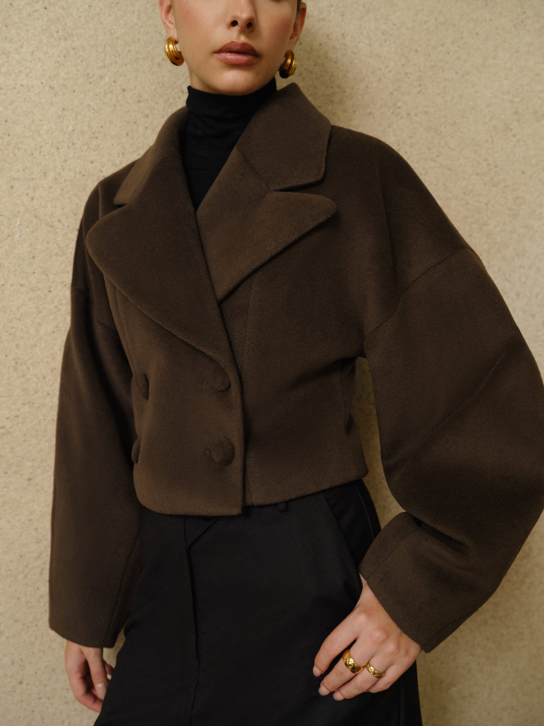 Forma Wool Blend Cropped Coat | Oversized Lapel | Sculpted Silhouette
