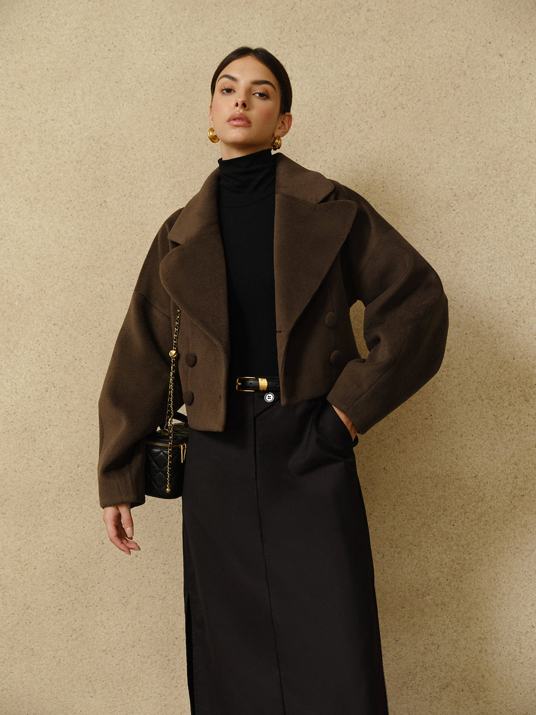 Forma Wool Blend Cropped Coat | Oversized Lapel | Sculpted Silhouette