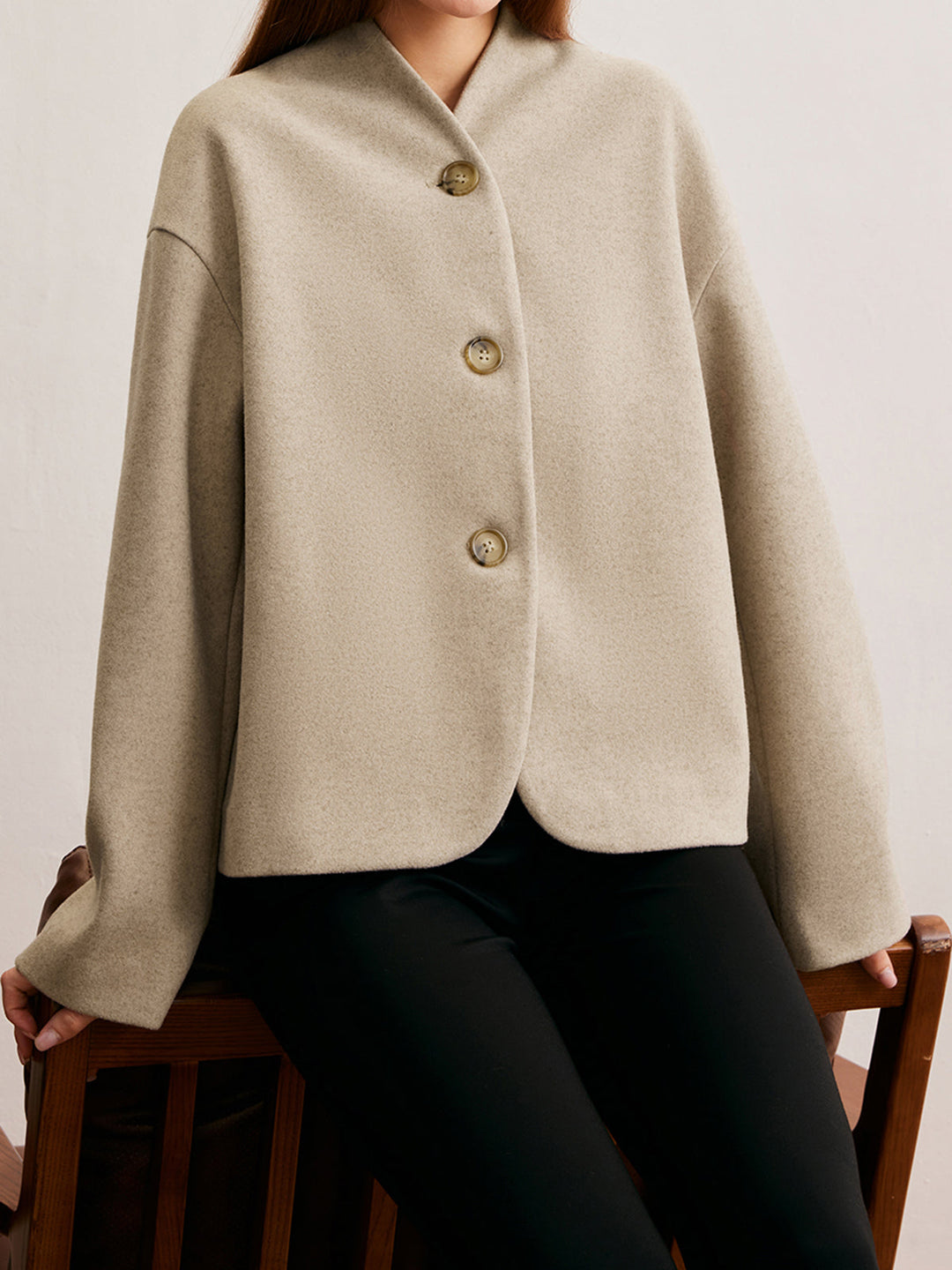 Short Wool Blend Jacket | V-Neck | Minimalist Silhouette