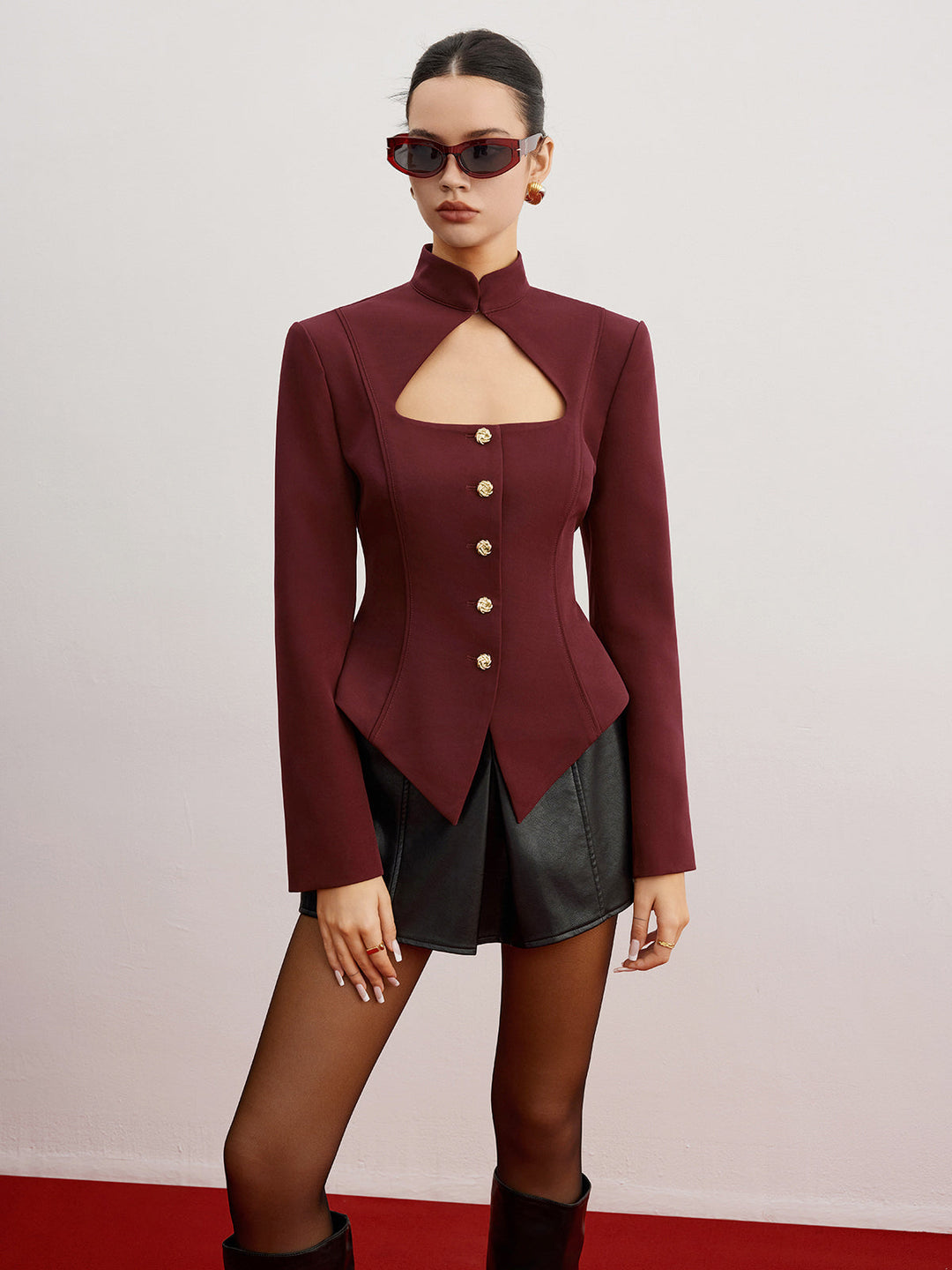 Structured Cut-Out Blazer | Stand Collar | Gold Button Detailing