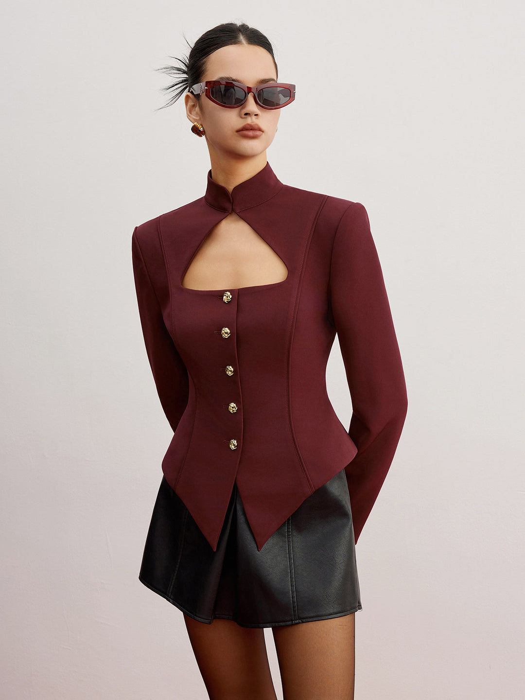 Structured Cut-Out Blazer | Stand Collar | Gold Button Detailing
