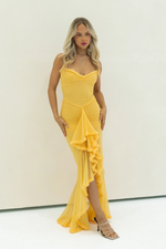 Load image into Gallery viewer, Halo Ruffle Satin Maxi Dress | Spaghetti Straps, Waterfall Front, Train Hem