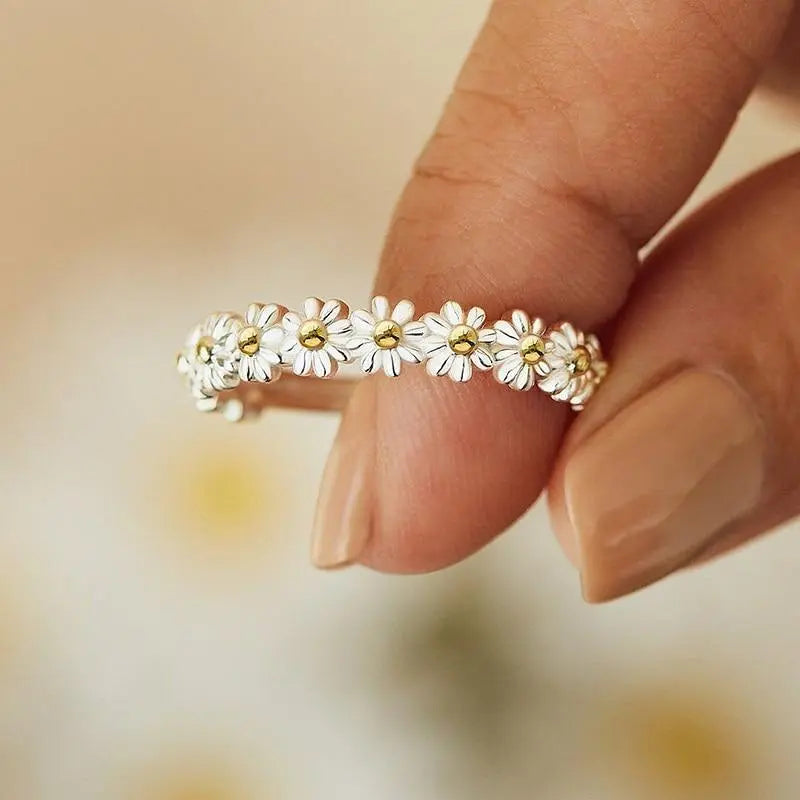Enamel Daisy Band Ring | Adjustable Open Design | Hand Enamelled