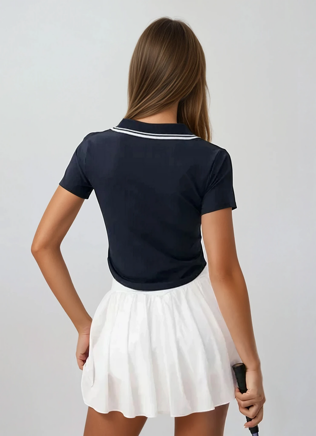 Contrast Collar Polo Top | Short Sleeve Zip Front