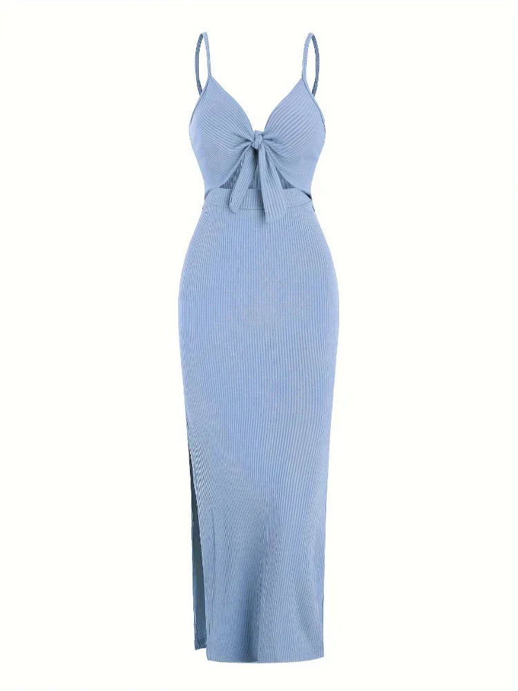 Maribel Tie Front Maxi Dress | Ribbed Slim Fit | Cutout Detail