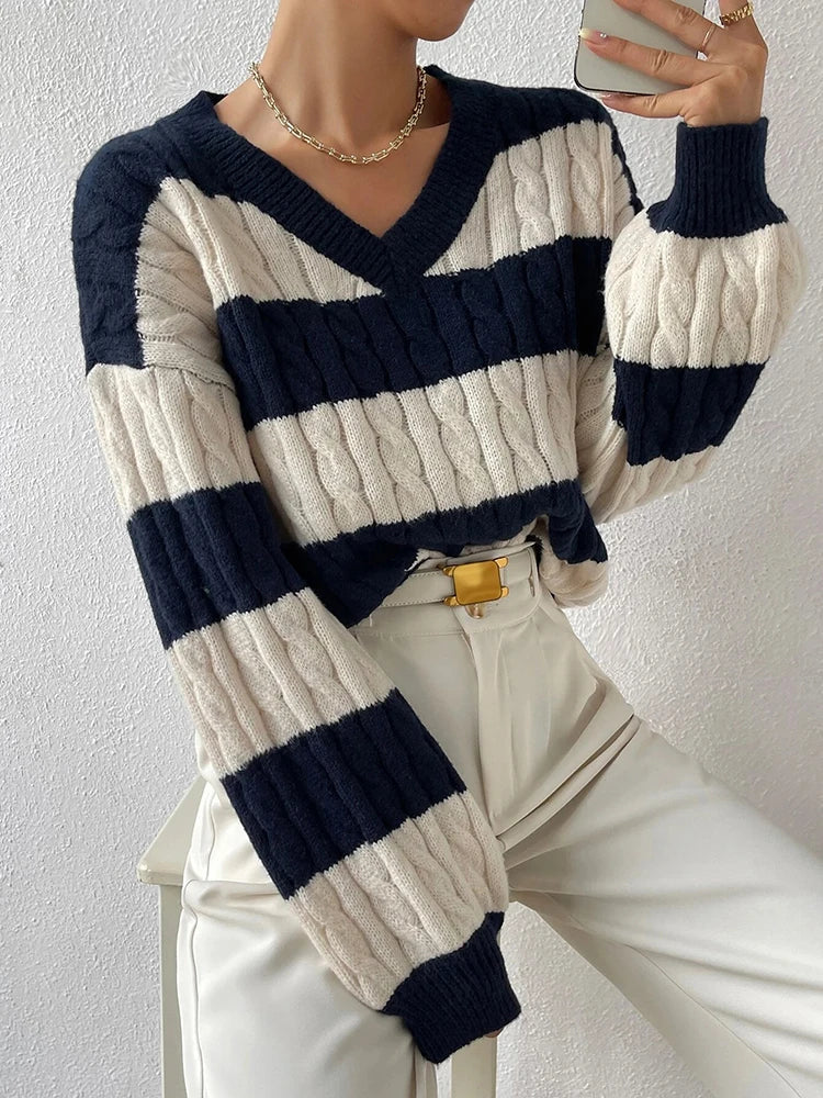 Striped Cable Knit V-Neck Sweater | Relaxed Fit Pullover
