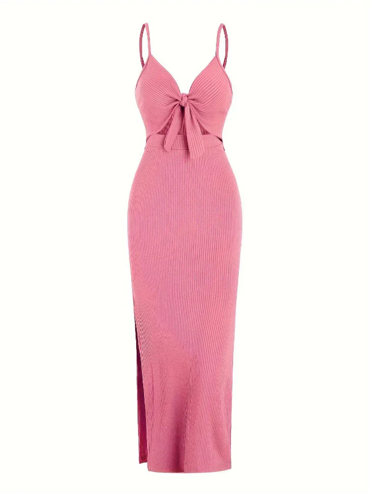 Maribel Tie Front Maxi Dress | Ribbed Slim Fit | Cutout Detail