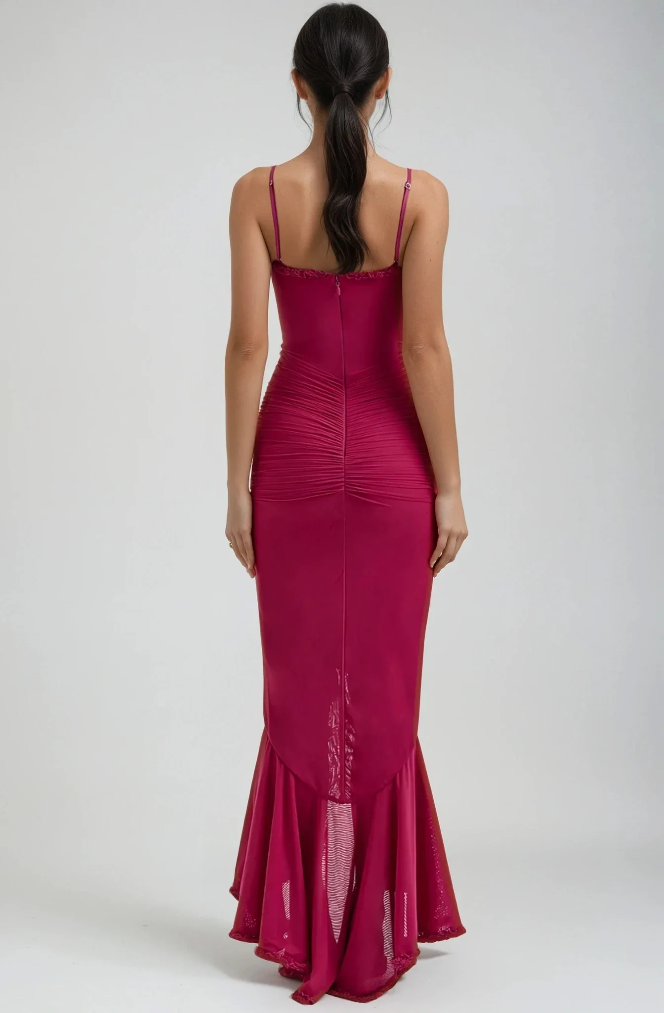 Halo Ruffle Satin Maxi Dress | Spaghetti Straps, Waterfall Front, Train Hem