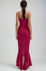 Load image into Gallery viewer, Halo Ruffle Satin Maxi Dress | Spaghetti Straps, Waterfall Front, Train Hem