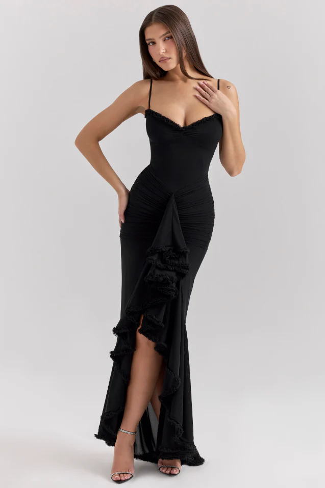 Halo Ruffle Satin Maxi Dress | Spaghetti Straps, Waterfall Front, Train Hem