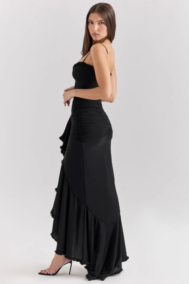 Halo Ruffle Satin Maxi Dress | Spaghetti Straps, Waterfall Front, Train Hem