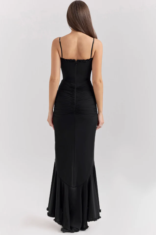 Halo Ruffle Satin Maxi Dress | Spaghetti Straps, Waterfall Front, Train Hem