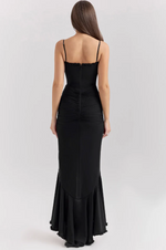 Load image into Gallery viewer, Halo Ruffle Satin Maxi Dress | Spaghetti Straps, Waterfall Front, Train Hem