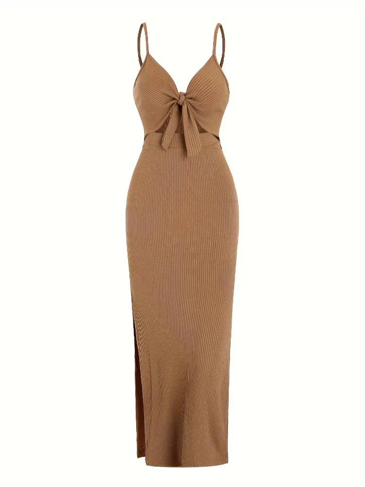 Maribel Tie Front Maxi Dress | Ribbed Slim Fit | Cutout Detail