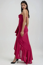 Load image into Gallery viewer, Halo Ruffle Satin Maxi Dress | Spaghetti Straps, Waterfall Front, Train Hem