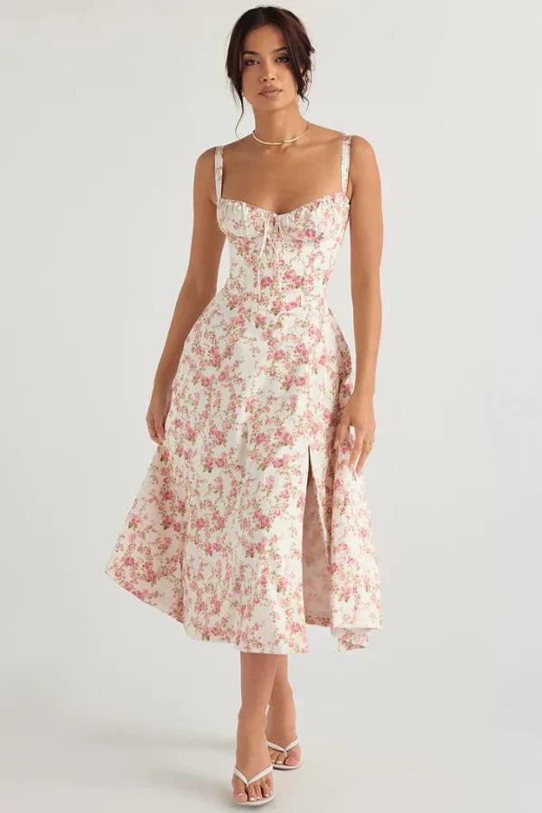 Solenne Floral Corset Midi Dress | Sweetheart Neckline, Slit Skirt, Spaghetti Straps