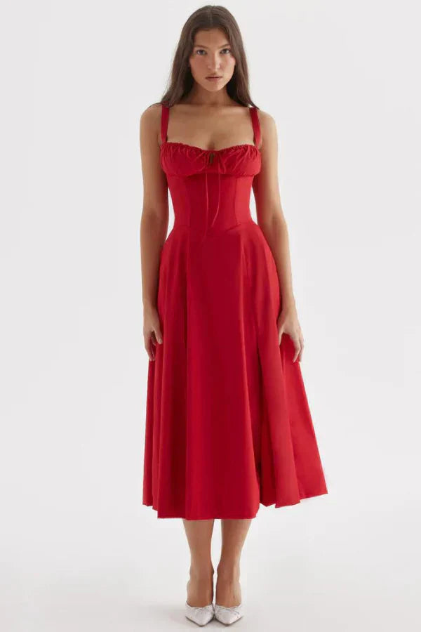 Solenne Floral Corset Midi Dress | Sweetheart Neckline, Slit Skirt, Spaghetti Straps