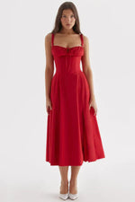 Load image into Gallery viewer, Solenne Floral Corset Midi Dress | Sweetheart Neckline, Slit Skirt, Spaghetti Straps