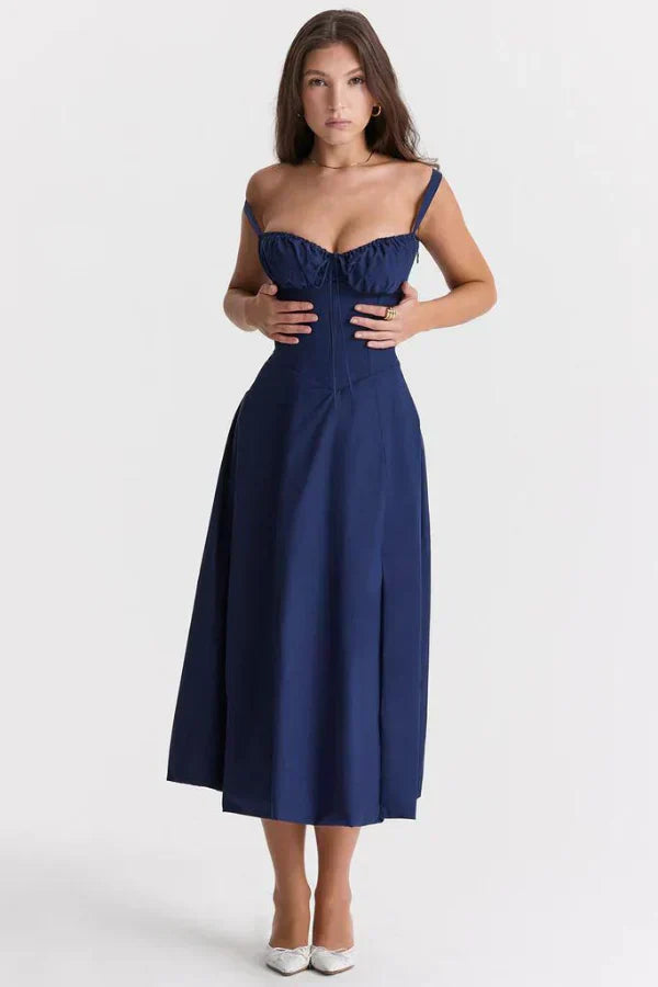 Solenne Floral Corset Midi Dress | Sweetheart Neckline, Slit Skirt, Spaghetti Straps