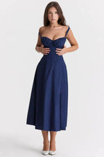 Load image into Gallery viewer, Solenne Floral Corset Midi Dress | Sweetheart Neckline, Slit Skirt, Spaghetti Straps