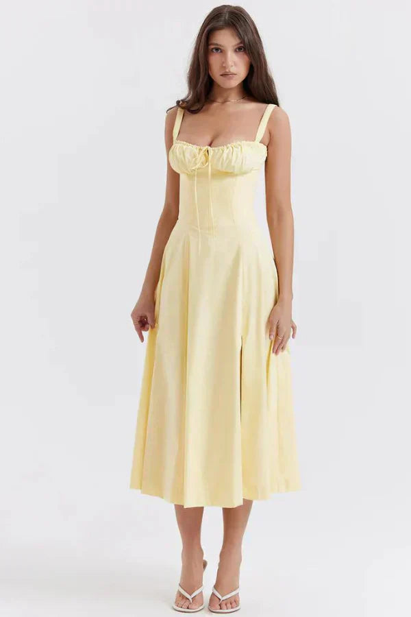 Solenne Floral Corset Midi Dress | Sweetheart Neckline, Slit Skirt, Spaghetti Straps