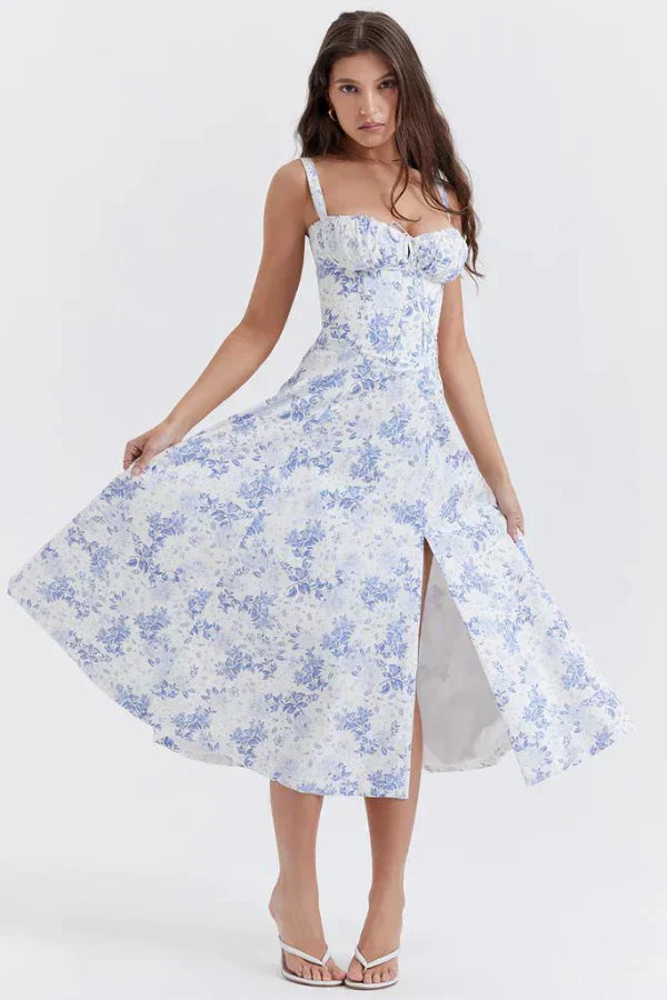 Solenne Floral Corset Midi Dress | Sweetheart Neckline, Slit Skirt, Spaghetti Straps