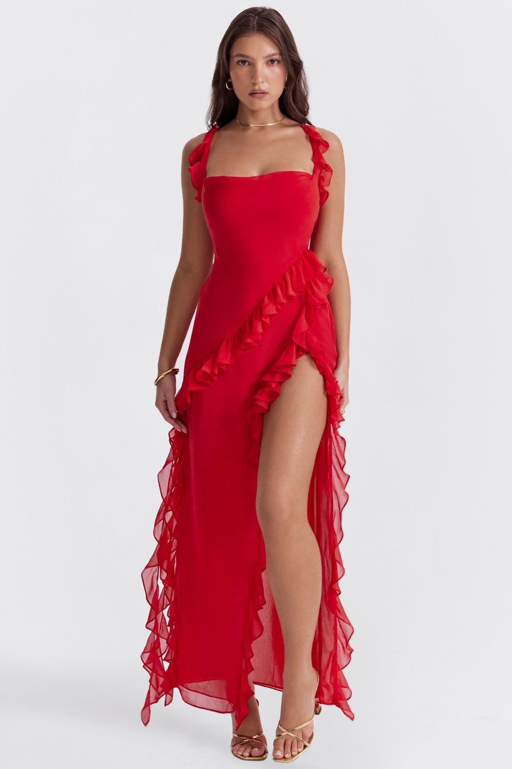 Halo Ruffle Split Maxi Dress | Square Neckline, Sleeveless, Draped Hem