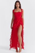 Load image into Gallery viewer, Halo Ruffle Split Maxi Dress | Square Neckline, Sleeveless, Draped Hem