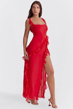 Load image into Gallery viewer, Halo Ruffle Split Maxi Dress | Square Neckline, Sleeveless, Draped Hem