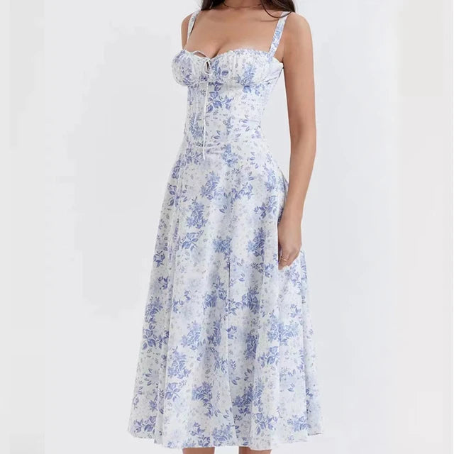 Solenne Floral Corset Midi Dress | Sweetheart Neckline, Slit Skirt, Spaghetti Straps