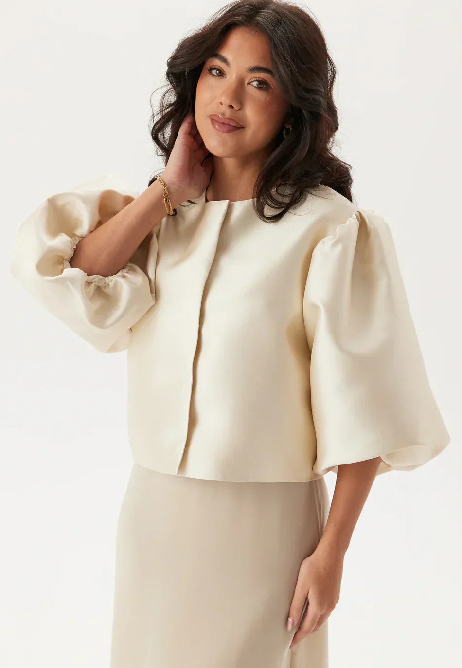 Satin Puff-Sleeve Jacket | Cropped Fit | Modern Evening Silhouette