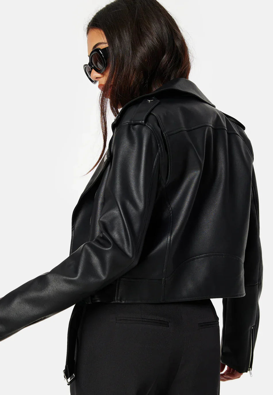 Cropped Faux Leather Biker Jacket | Belted Design