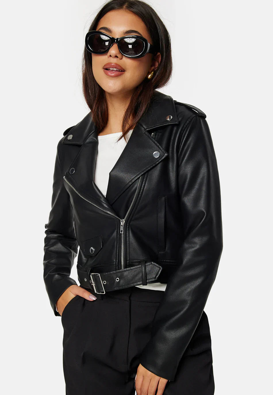 Cropped Faux Leather Biker Jacket | Belted Design