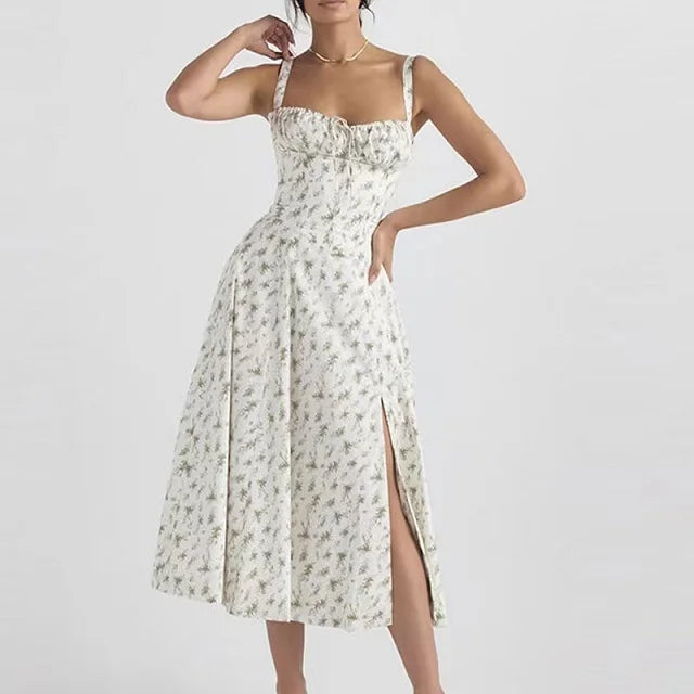 Solenne Floral Corset Midi Dress | Sweetheart Neckline, Slit Skirt, Spaghetti Straps