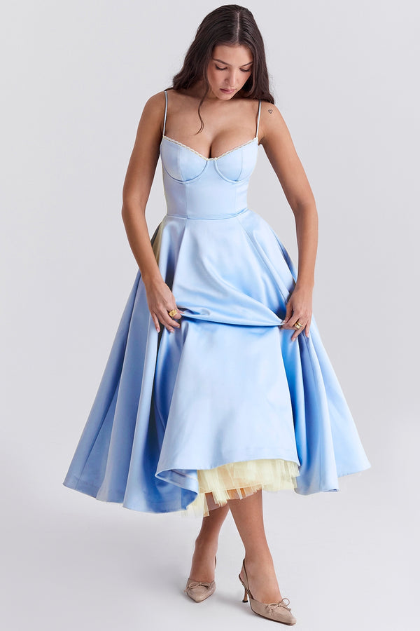 Solenne Sweetheart Midi Dress | A-Line Silhouette | Spaghetti Straps