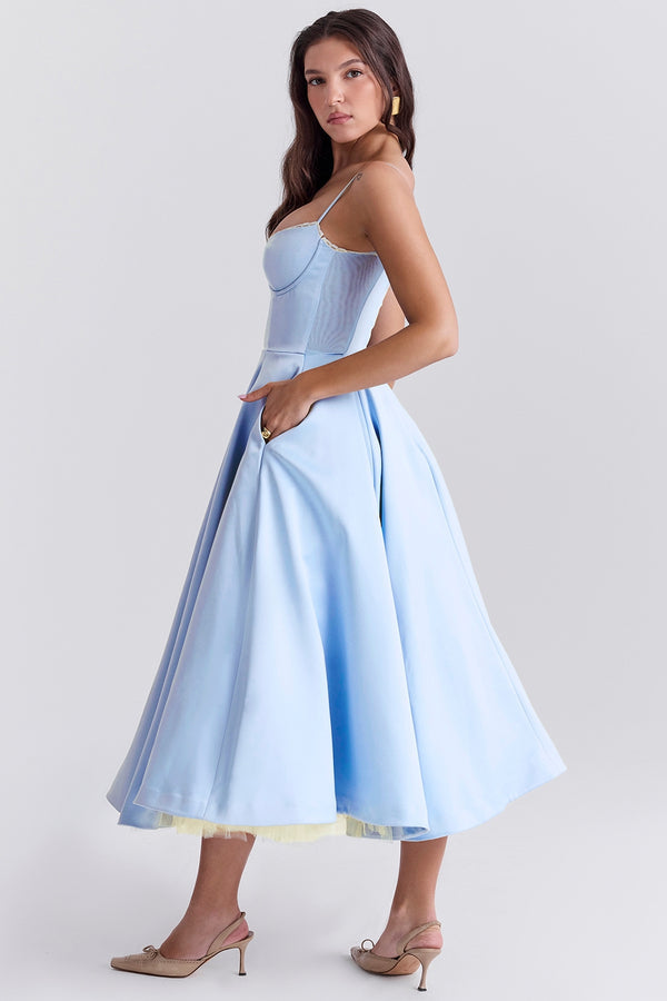 Solenne Sweetheart Midi Dress | A-Line Silhouette | Spaghetti Straps