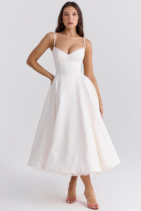 Solenne Sweetheart Midi Dress | A-Line Silhouette | Spaghetti Straps